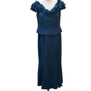 Vintage DAYMOR Couture Teal Blue Floral Embellished Formal Evening Gown Size 14